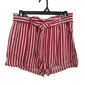 April Kiss Red & White Striped Linen Blend Paperbag Waist Beach Shorts